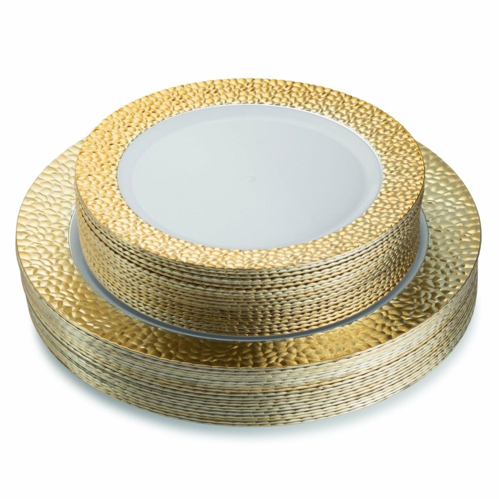 Value Sets | 40 Piece Combo Pack White And Gold Round Plastic Dinnerware Value Set – Hammered Dinnerware Value Sets