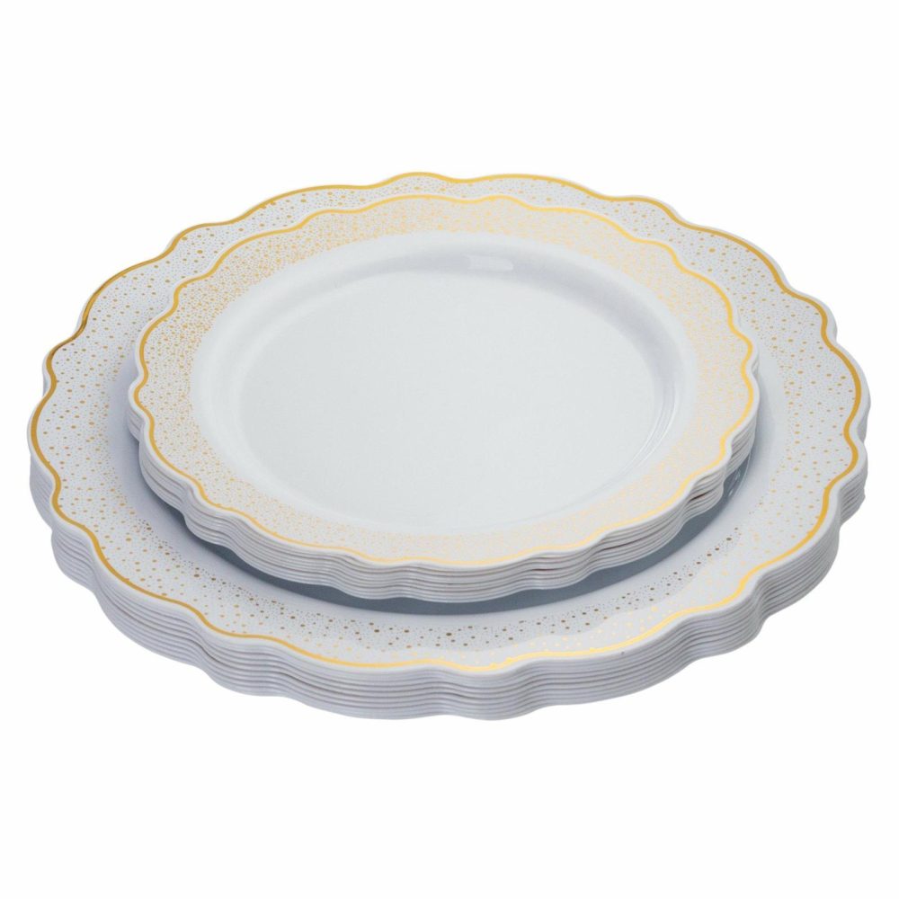 Value Sets | White And Gold Round Plastic Dinnerware Value Set – Confetti Dinnerware Value Sets