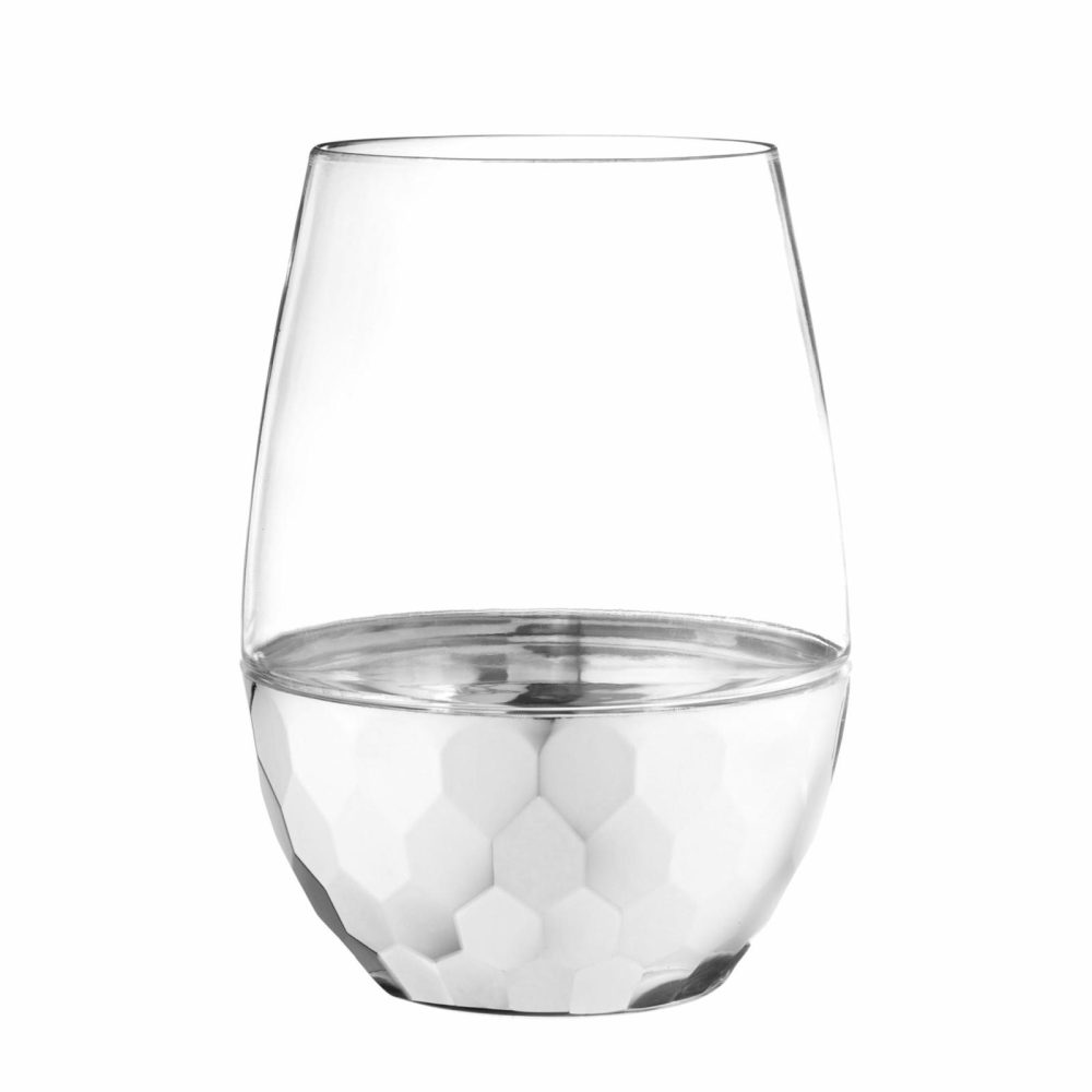 Drinkware | 16 Oz Clear Stemless Wine Goblets With Hammered Silver Design 6 Pack Dinnerware Drinkware