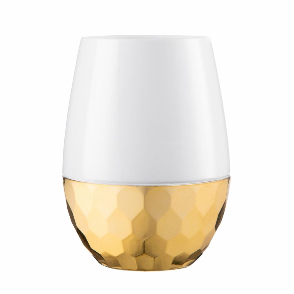 Drinkware | 16 Oz White Stemless Wine Goblets With Hammered Gold Design 6 Pack Dinnerware Drinkware