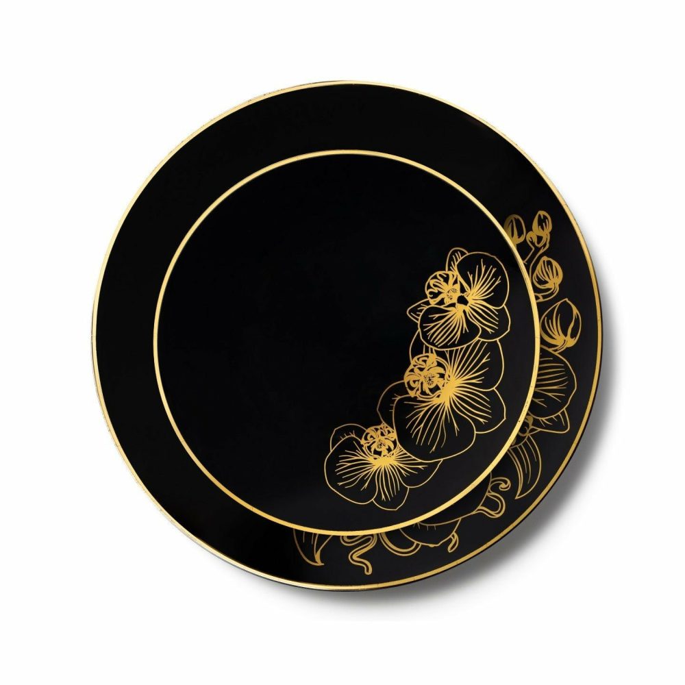 Plates | 32 Piece Combo Black And Gold Round Plastic Dinnerware Set (16 Servings) – Orchid Dinnerware Plates