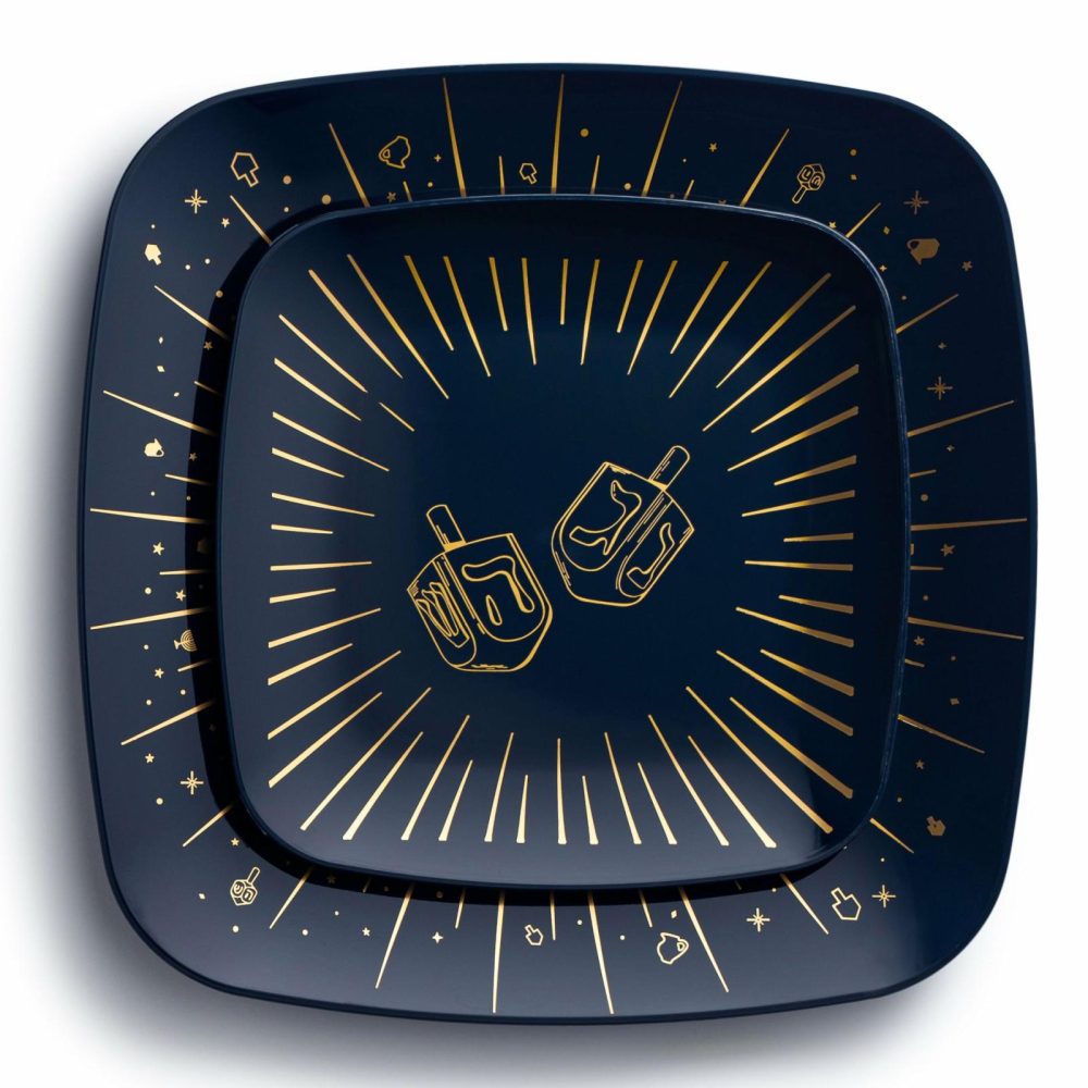 Plates | 32 Piece Combo Blue And Gold Square Plastic Dinnerware Set 10″ And 7.25″ (16 Servings) – Chanukah Dinnerware Plates