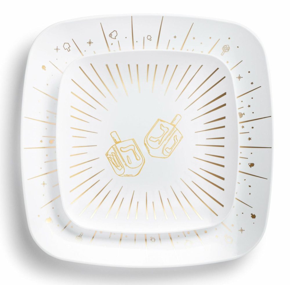 Plates | 32 Piece Combo White And Gold Square Plastic Dinnerware Set 10″ And 7.25″ (16 Servings) – Chanukah Dinnerware Plates