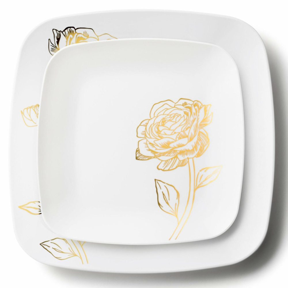 Plates | 32 Piece Combo White And Gold Square Plastic Dinnerware Set (16 Servings) – Peony Dinnerware Plates