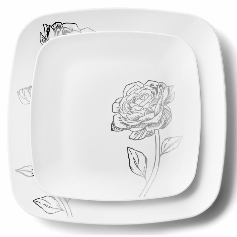 Plates | 32 Piece Combo White And Silver Square Plastic Dinnerware Set (16 Servings) – Peony Dinnerware Plates