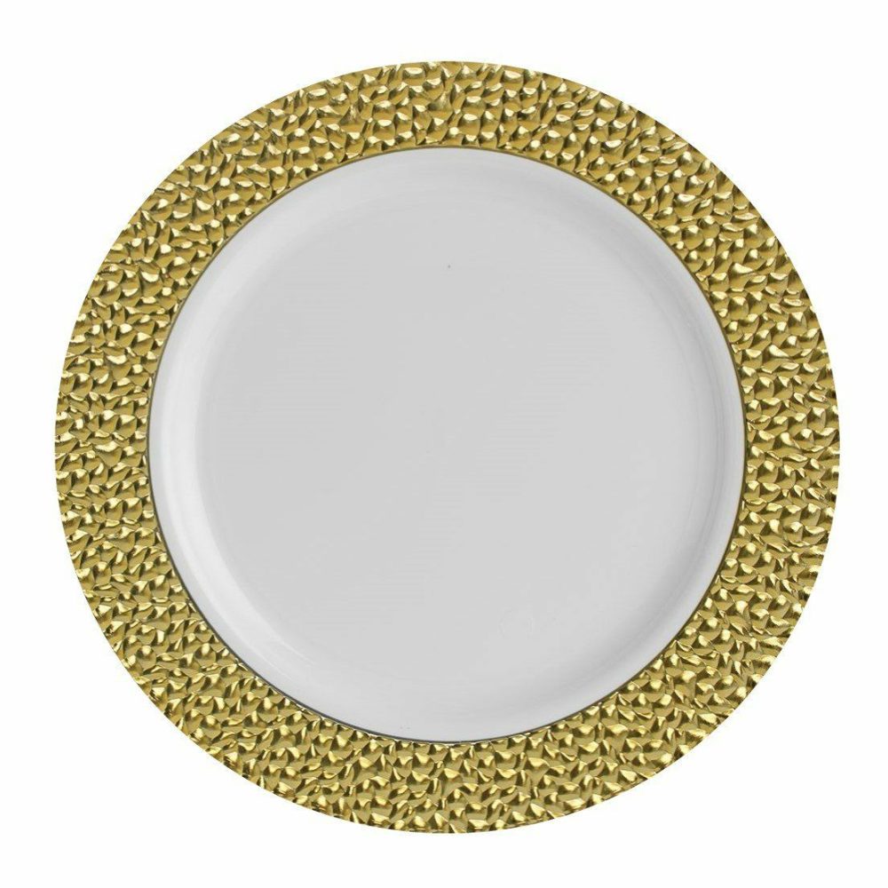 Plates | White And Gold Round Plastic Plates – Hammered Dinnerware Plates