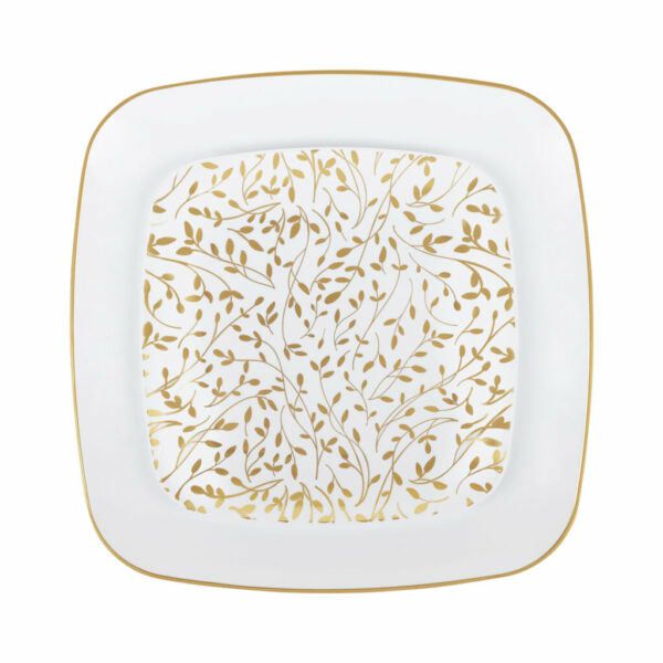 Plates | 32 Piece Combo Gold/White Leaf Square Plastic Dinnerware Set (16 Servings) – Organic Leaf Dinnerware Plates