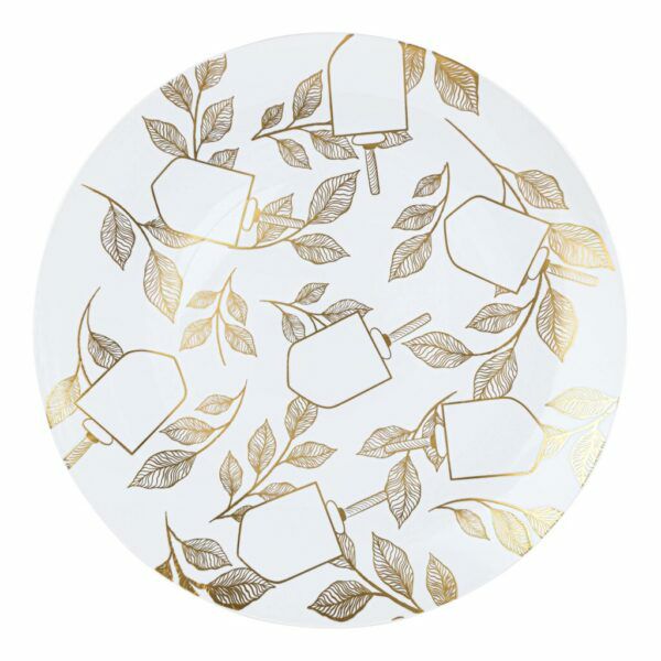 Plates | White And Gold Round Plastic Plate 10 Pack – Chanukah Dinnerware Plates