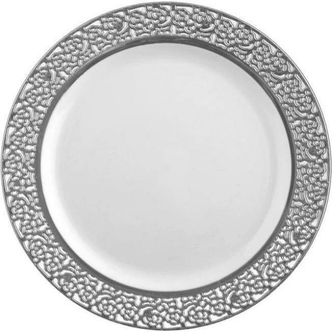 Plates | White And Silver Round Plastic Plates – Lace Dinnerware Plates