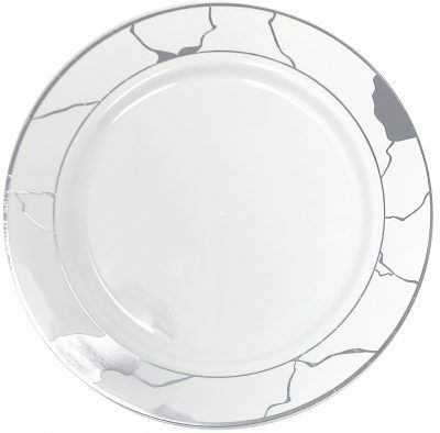 Plates | White And Silver Round Plastic Plates – Marble Dinnerware Plates