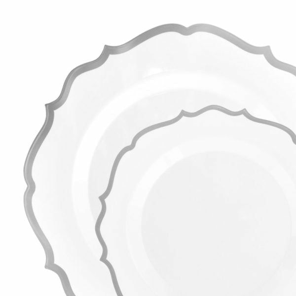 Plates | White And Silver Round Scalloped Plastic Plates 10 Pack – Contemporary Dinnerware Plates