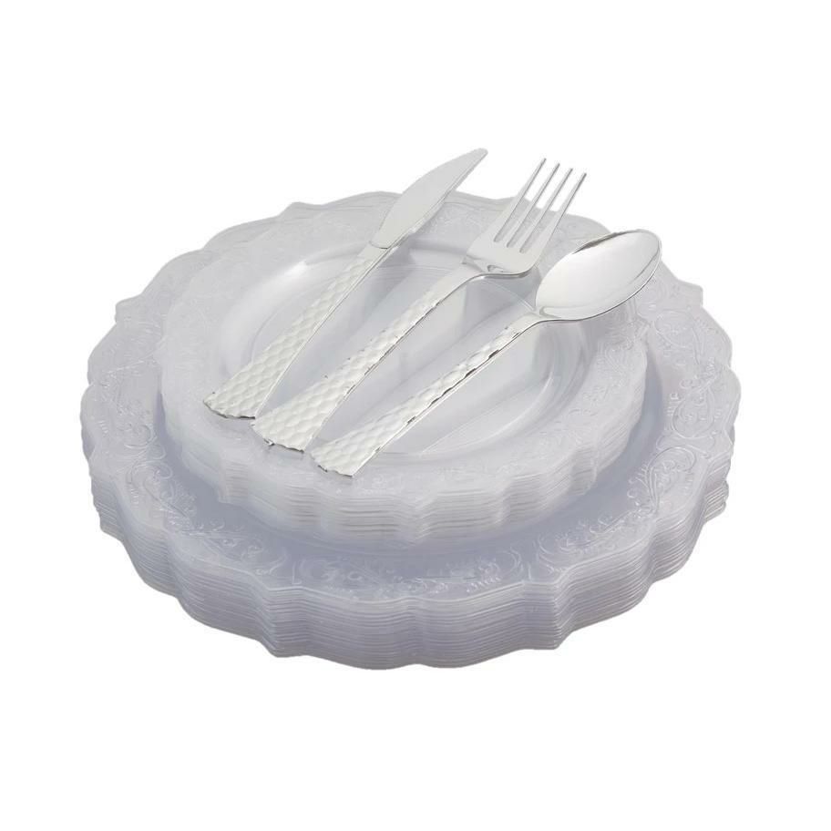 Value Sets | 100 Piece Clear Round Plastic Dinnerware And Silverware Value Set (20 Servings) – Elegant Dinnerware Value Sets