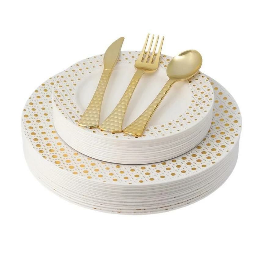 Value Sets | 100 Piece Gold And White Round Plastic Dinnerware And Silverware Value Set (20 Servings) – Sphere Dinnerware Value Sets