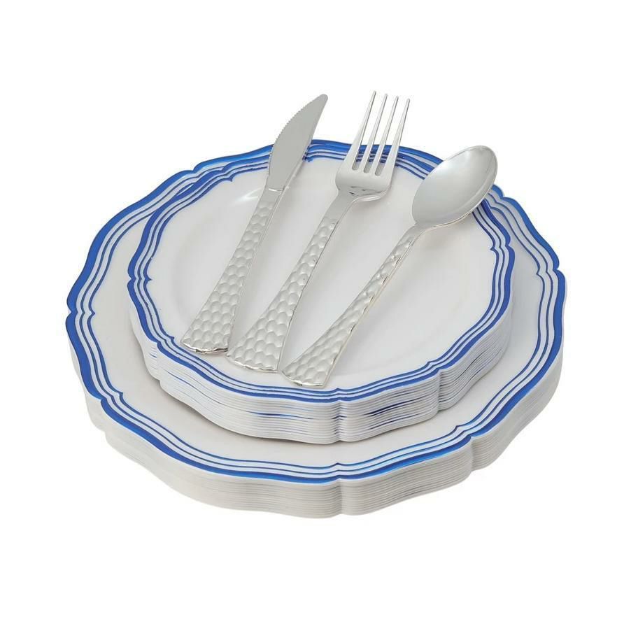 Value Sets | 100 Piece White And Blue Round Plastic Dinnerware And Silverware Value Set (20 Servings) – Aristocrat Dinnerware Value Sets