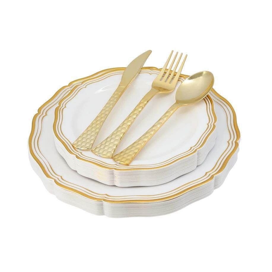 Value Sets | 100 Piece White And Gold Round Plastic Dinnerware And Silverware Value Set (20 Servings) – Aristocrat Dinnerware Value Sets