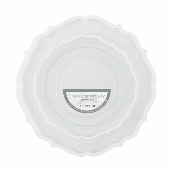 Value Sets | 32 Count Clear And White Rim Plastic Dinnerware Set (16 Guests) – Contemporary Dinnerware Value Sets