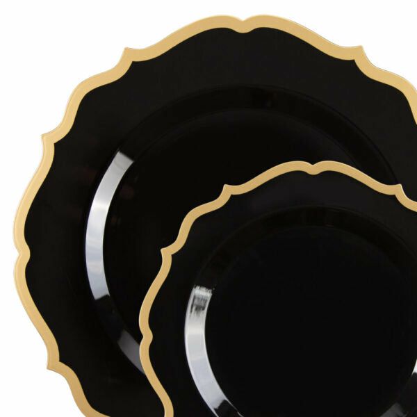 Value Sets | 32 Count Combo Pack Black And Gold Round Plastic Dinnerware Set (16 Guests) – Contemporary Dinnerware Value Sets