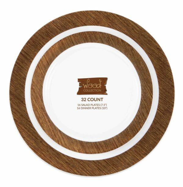 Value Sets | 32 Pack Round Plastic Dinnerware Set (16 Guests) – Wood Dinnerware Value Sets