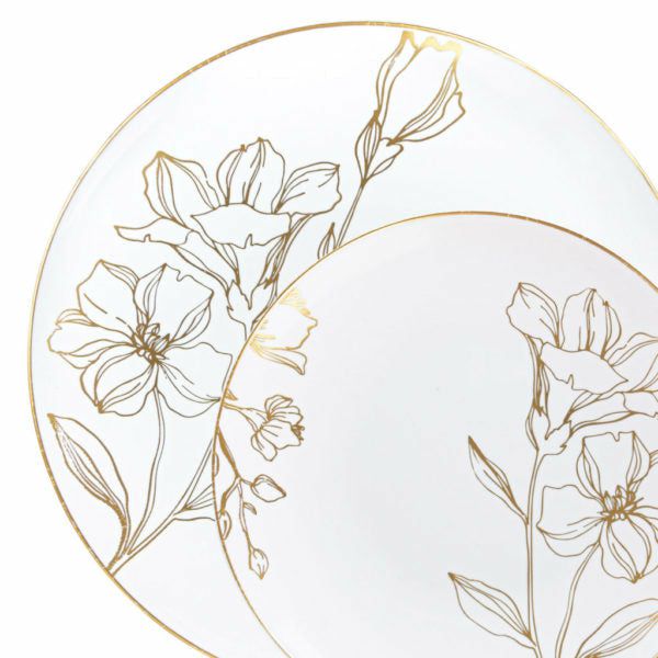 Value Sets | 32 Pack White And Gold Round Plastic Dinnerware Set (16 Guests) – Antique Floral Dinnerware Value Sets