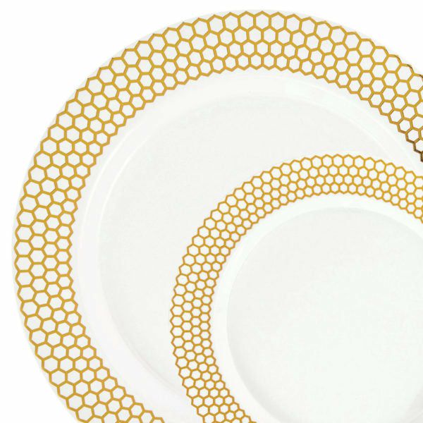 Value Sets | 32 Pack White And Gold Round Plastic Dinnerware Set (16 Guests) – Honeycomb Dinnerware Value Sets