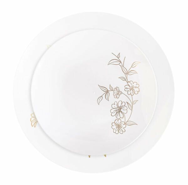 Value Sets | 32 Pack White And Gold Round Plastic Dinnerware Set (16 Guests) – Primrose Dinnerware Value Sets