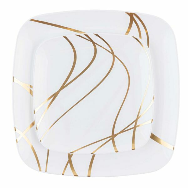 Value Sets | 32 Pack White And Gold Square Plastic Dinnerware Set (16 Guests) – Impulse Dinnerware Value Sets