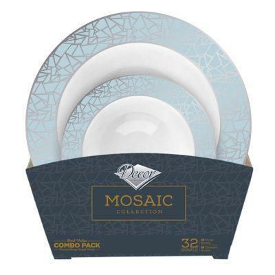 Value Sets | 32 Piece Combo Pack Blue And Silver Round Plastic Bowls Value Set (16 Servings) – Mosaic Dinnerware Value Sets