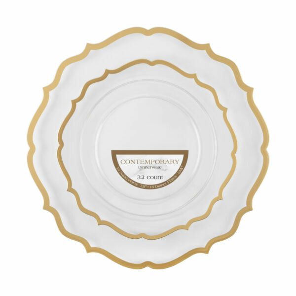 Value Sets | 32 Count Clear And Gold Rim Plastic Dinnerware Set (16 Guests) – Contemporary Dinnerware Value Sets